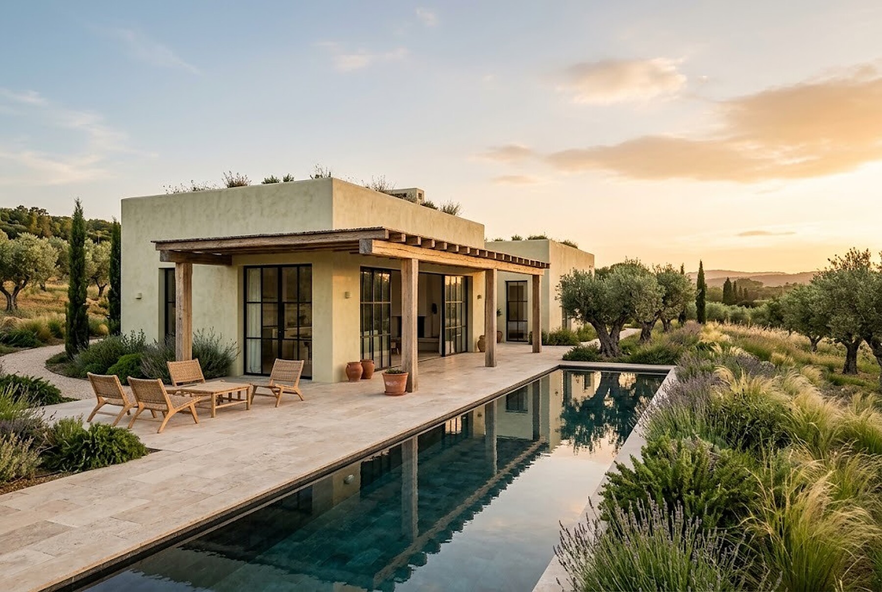 A modern villa with a pool at golden hour