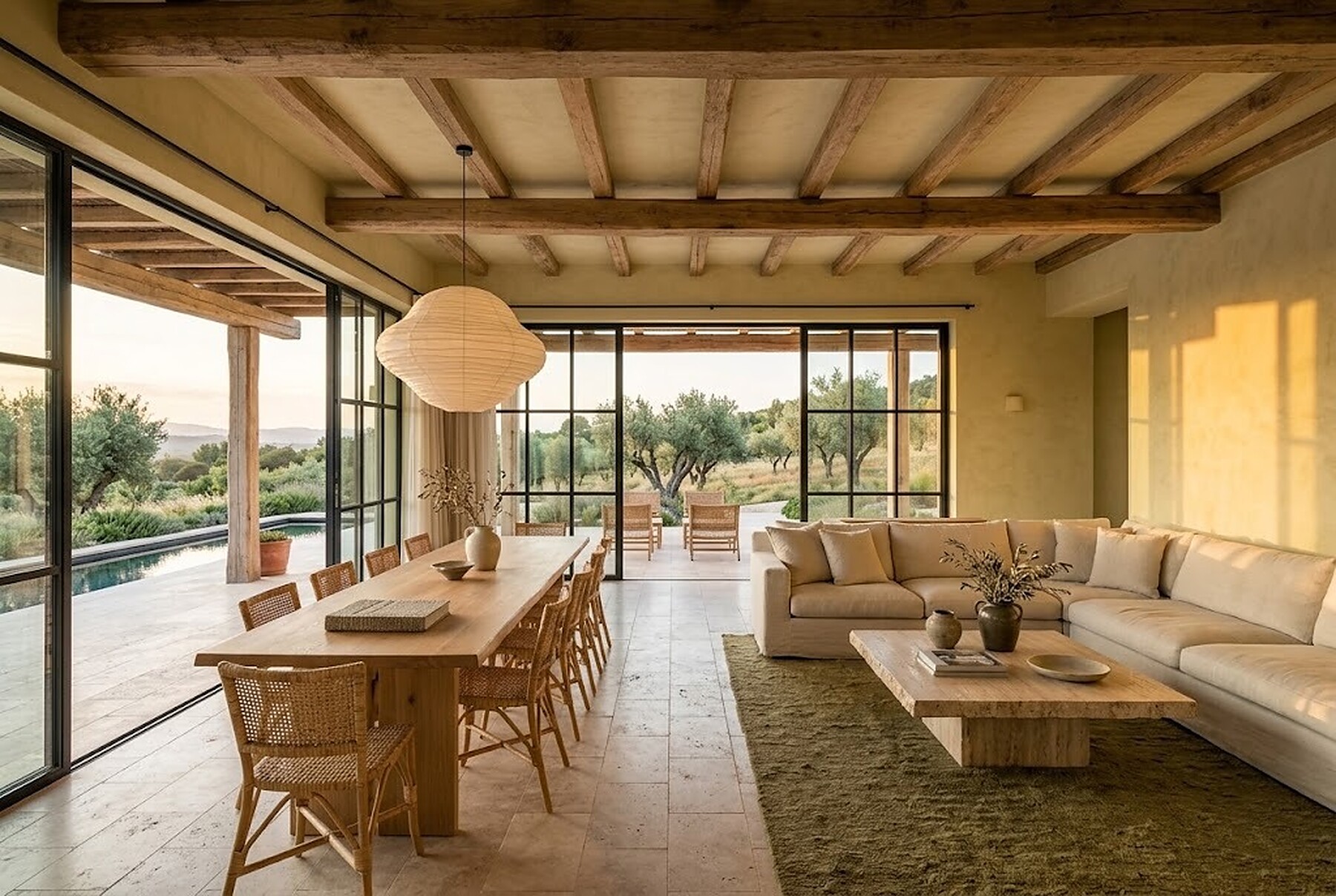 A living and dining room with beams and garden views