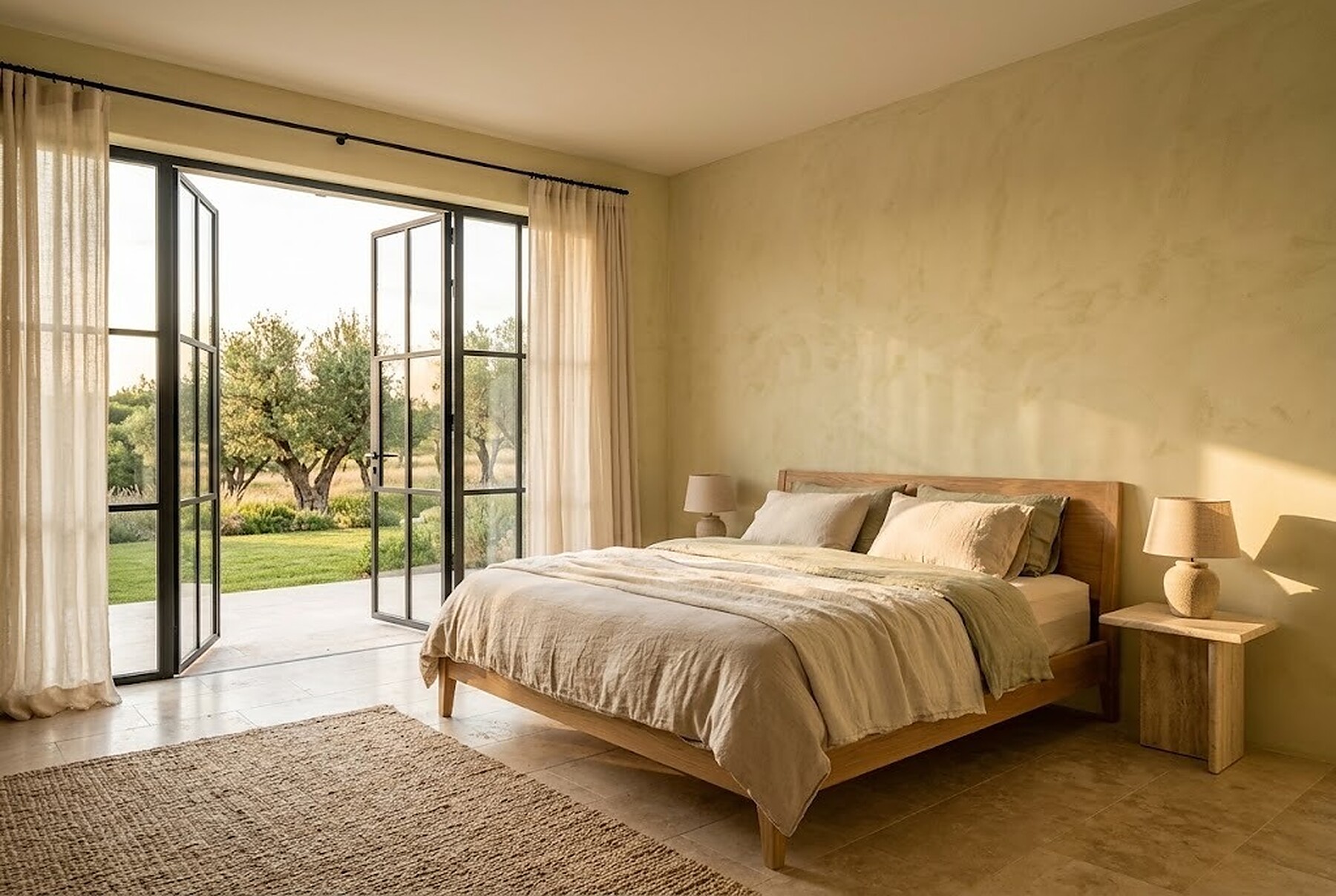 A calm bedroom opening to an olive garden