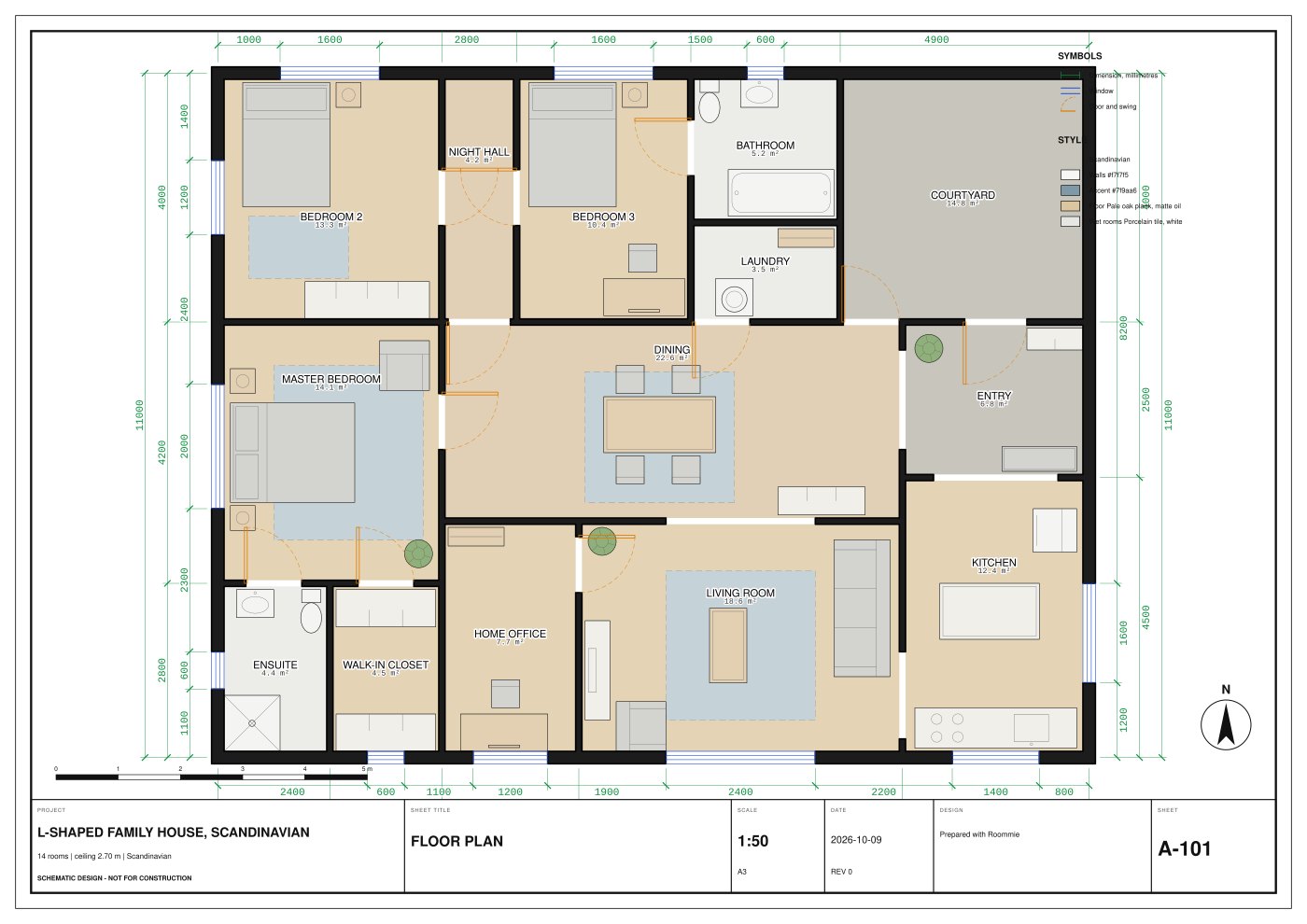 A 1:50 floor plan sheet drawn by Roommie, with dimensions, furniture and room areas